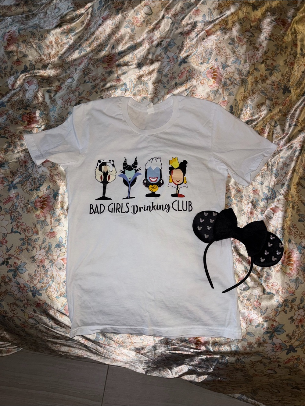 Disney Villain Bad Girls Drinking Club Graphic Tee - White and black Mickey ears
